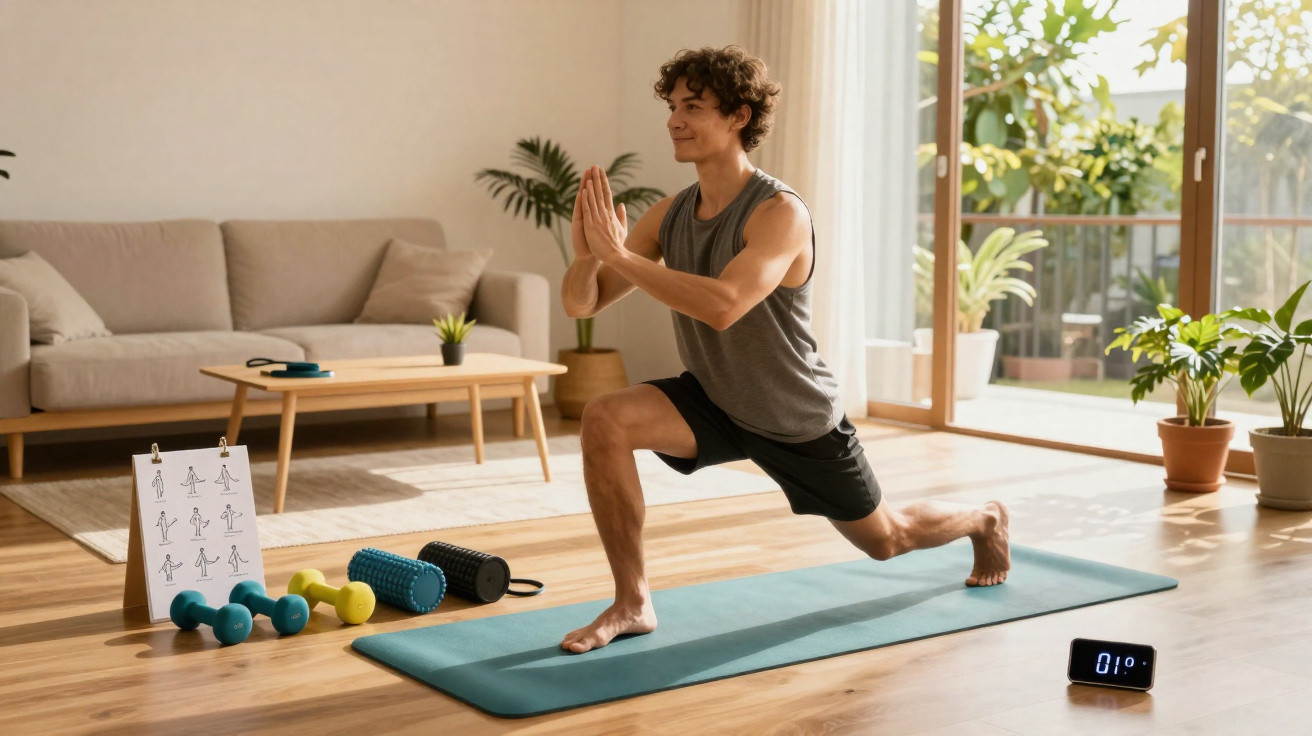 Jovem fazendo alongamento em tapete de yoga na sala com halteres e rolos de massagem ao lado.