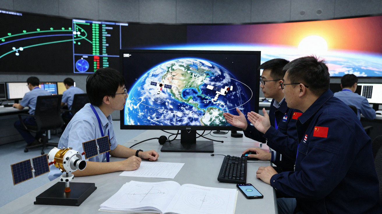 Equipe chinesa em centro de controle espacial analisando dados de satélites na Terra em grandes telas.