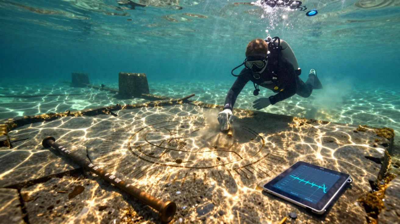 Mergulhador examinando relíquias arqueológicas subaquáticas com tablet e ferramenta no fundo do mar.