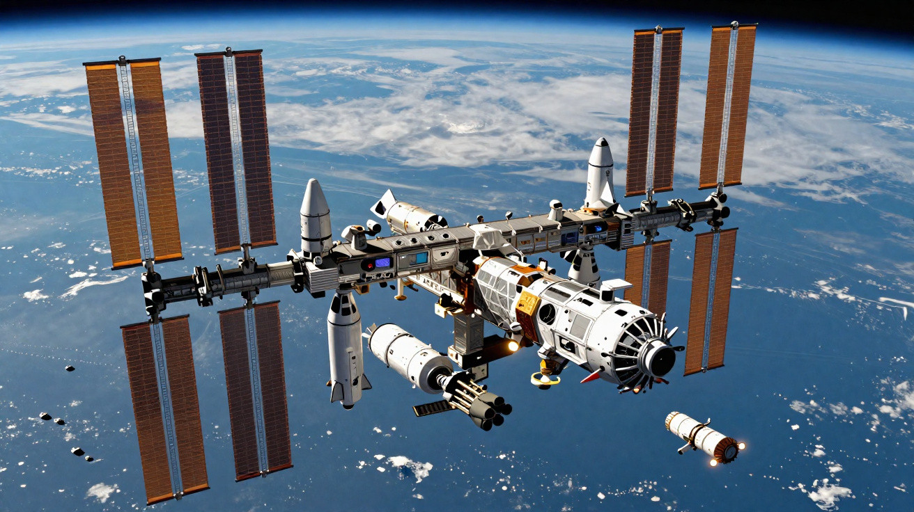 Estação Espacial Internacional em órbita da Terra com painel solar e módulos visíveis.