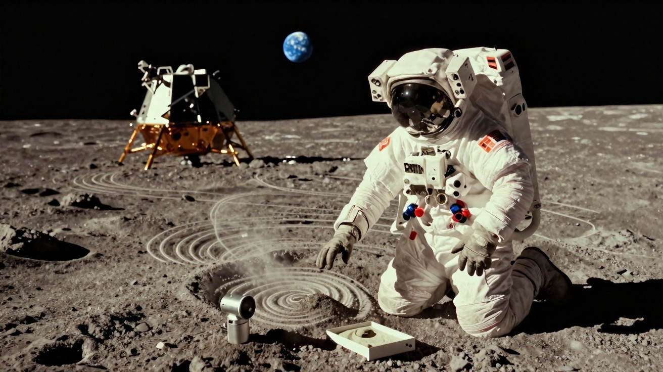 Astronauta em traje espacial agachado na superfície lunar com módulo lunar e Terra ao fundo.