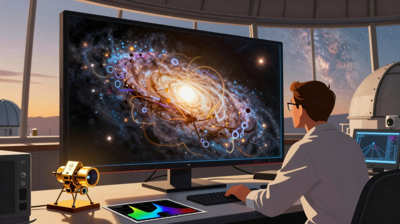 Cientista observa imagem digital de galáxia em grande tela dentro de observatório astronômico ao entardecer.