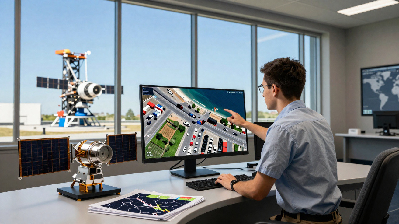 Homem analisando simulação de tráfego urbano em computador com modelo de satélite ao lado em escritório moderno.