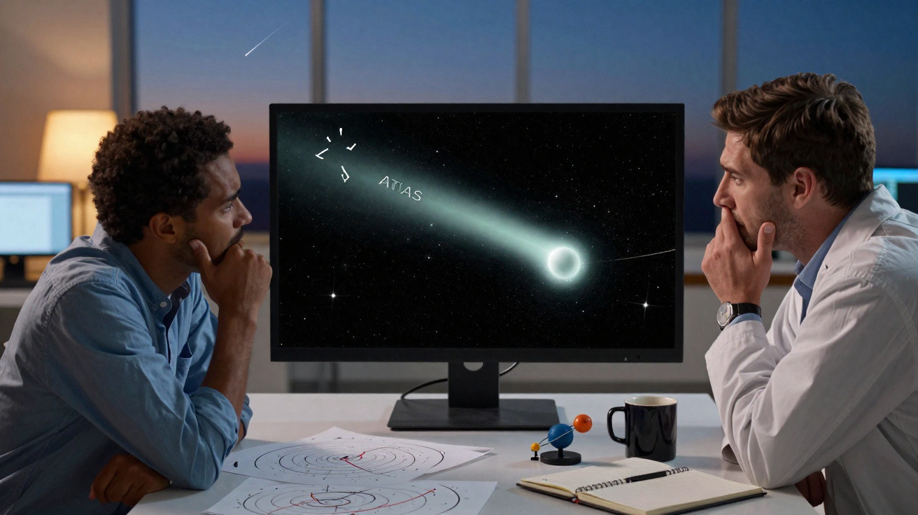 Dois cientistas observam imagem de cometa com rastro luminoso e constelação Atlas em monitor de computador.