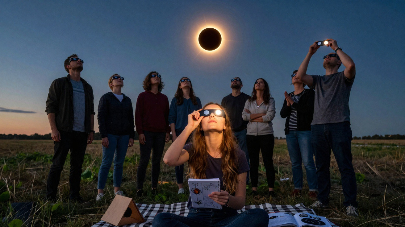 Grupo de pessoas observando eclipse solar com óculos especiais em campo aberto ao entardecer.