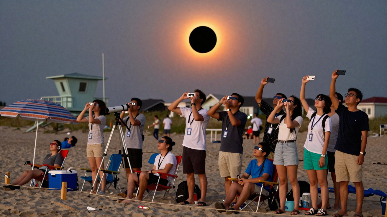 Pessoas em praia assistindo eclipse solar usando óculos de proteção e celulares ao entardecer.