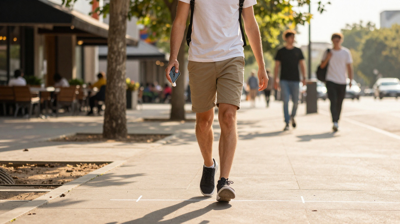 Pessoa caminhando em calçada urbana ensolarada com outros pedestres ao fundo e árvores próximas.