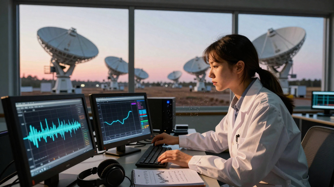 Mulher cientista em laboratório com computador, analisando dados e antenas parabólicas ao fundo ao pôr do sol.