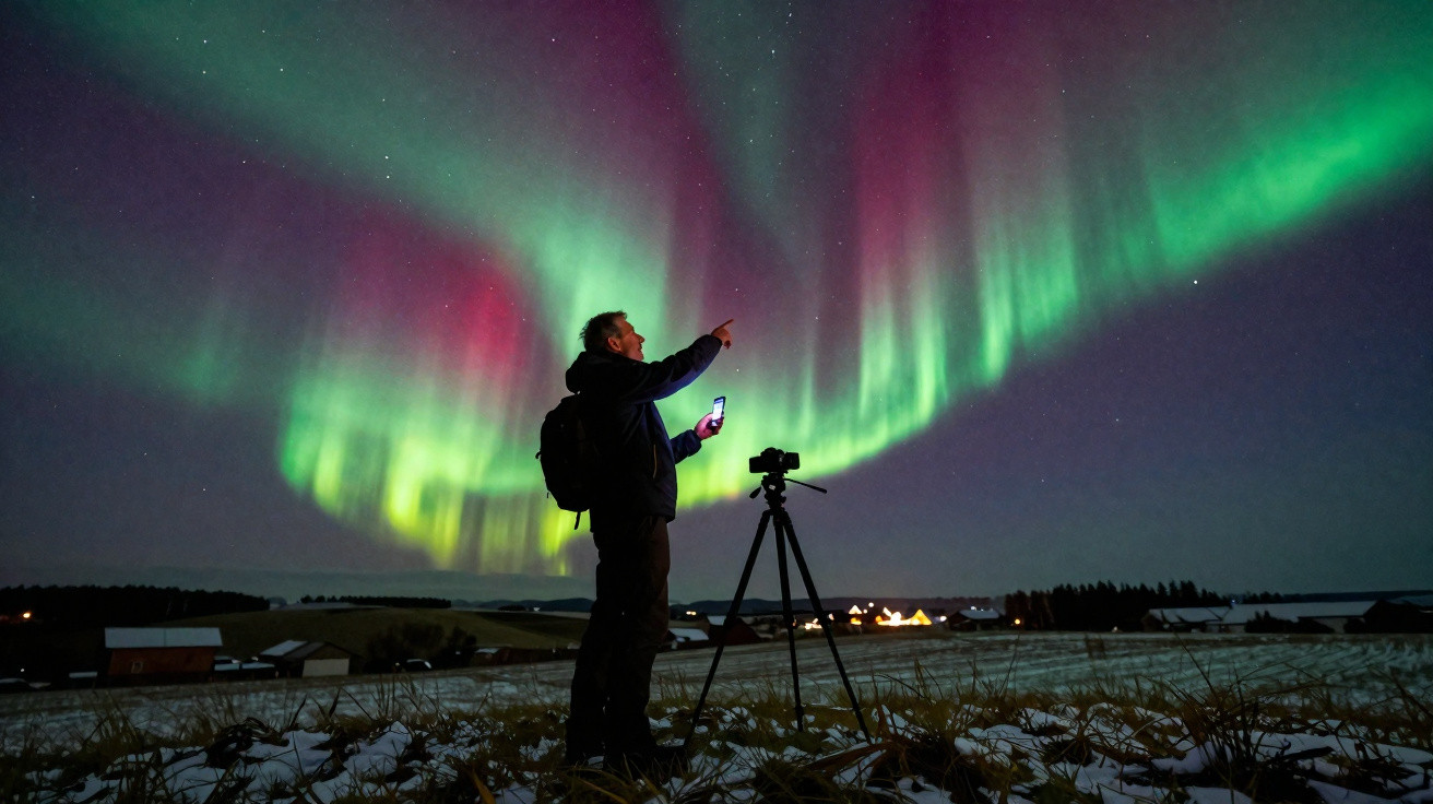 Pessoa com mochila fotografa a aurora boreal colorida no céu noturno em campo com neve.