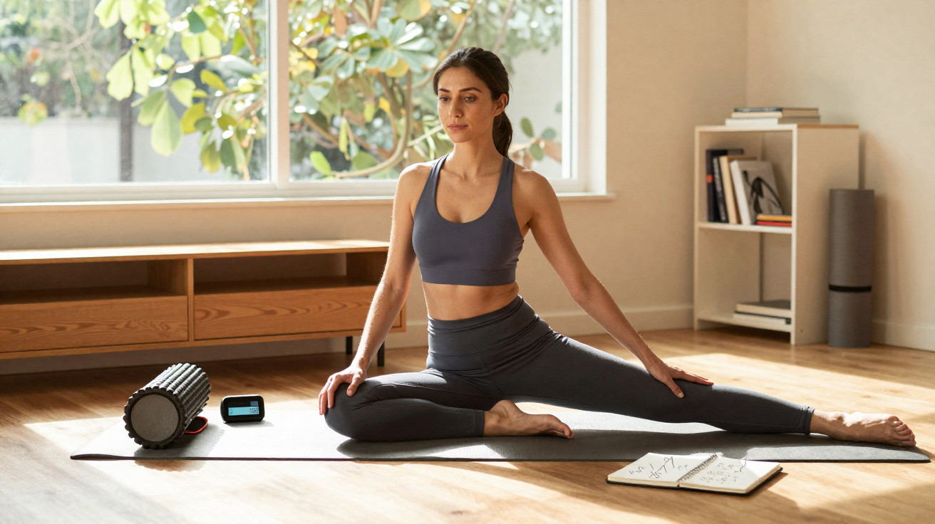 Mulher fazendo alongamento sentada no tapete de yoga, em sala iluminada com janela ao fundo.