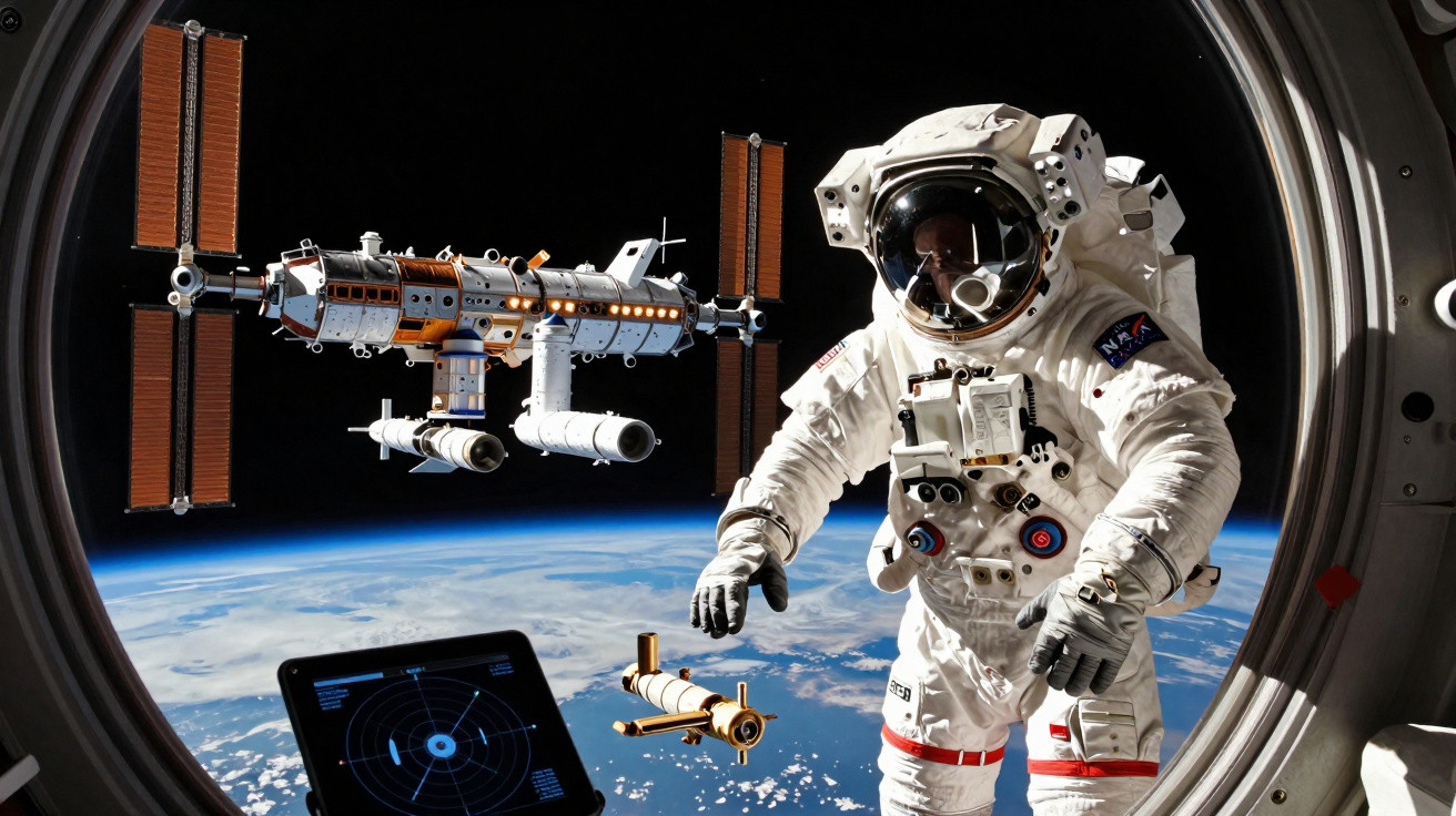 Astronauta em traje espacial flutua do lado de fora da Estação Espacial Internacional, com vista da Terra.