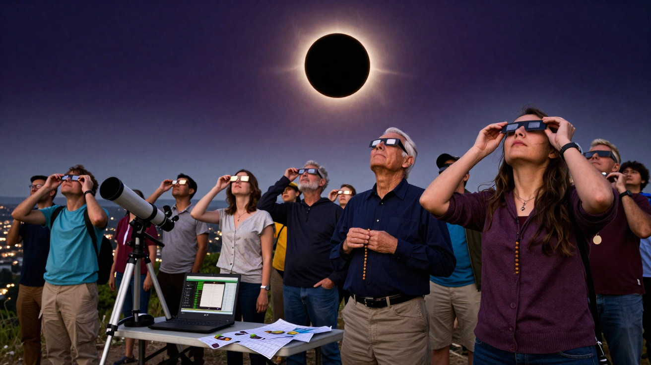 Grupo de pessoas usando óculos especiais para observar o eclipse solar total ao entardecer.