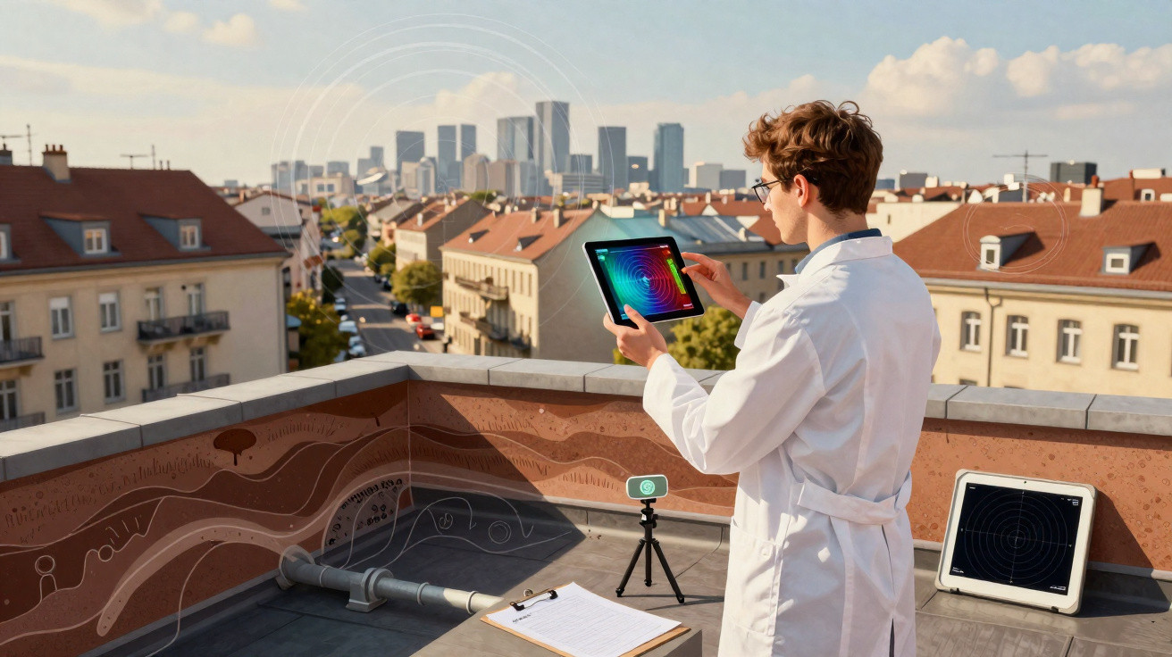 Homem de jaleco branco usa tablet em telhado com cidade e equipamentos tecnológicos ao fundo.