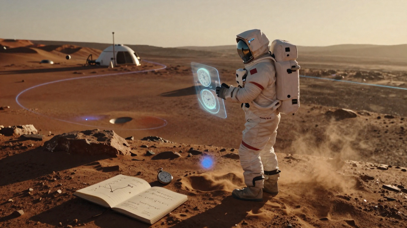 Astronauta em traje espacial interage com holograma em superfície árida com livro e base ao fundo.