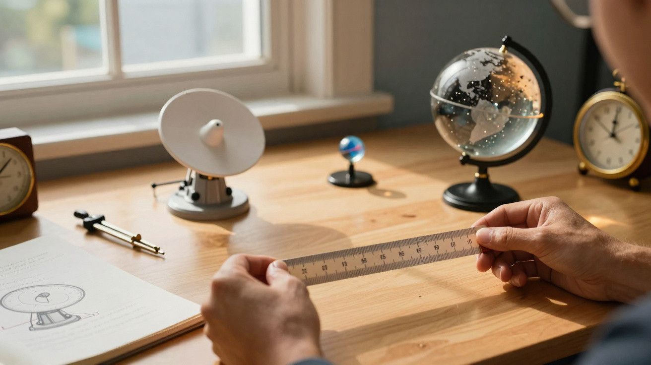 Pessoa segurando régua transparente em mesa com modelo de satélite, globo e relógios analógicos.