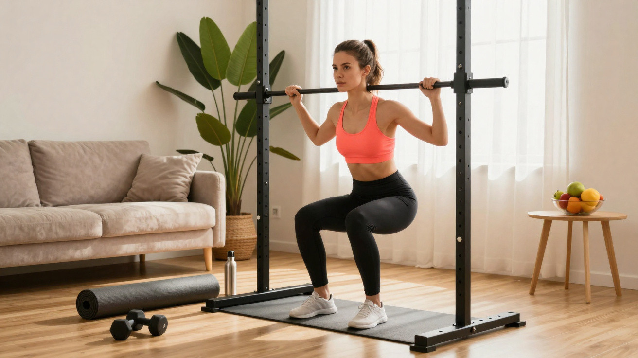 Mulher faz exercício agachamento com barra em home gym, ao lado de sofá, plantas e equipamentos fitness.