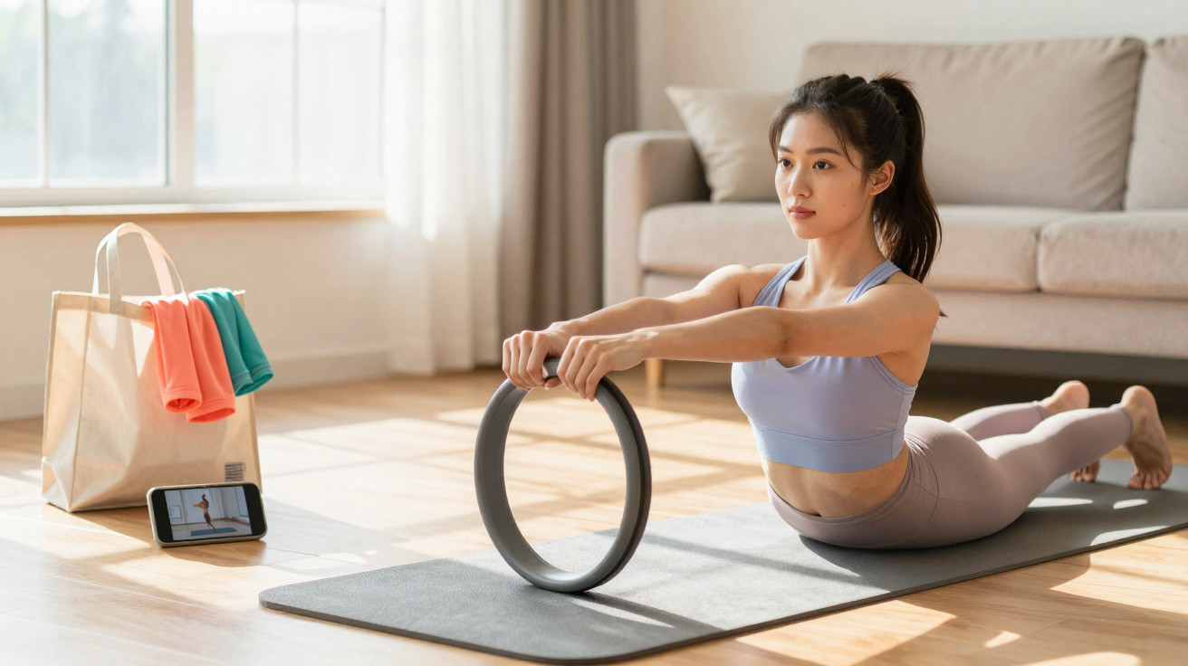 Mulher jovem fazendo exercício com aro de pilates em tapete, assistindo vídeo tutorial no celular.