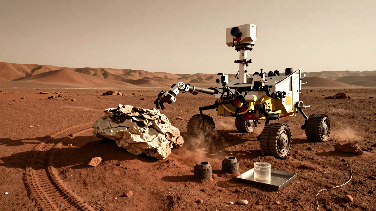 Rover exploratório analisando terreno rochoso em superfície avermelhada com dunas ao fundo.