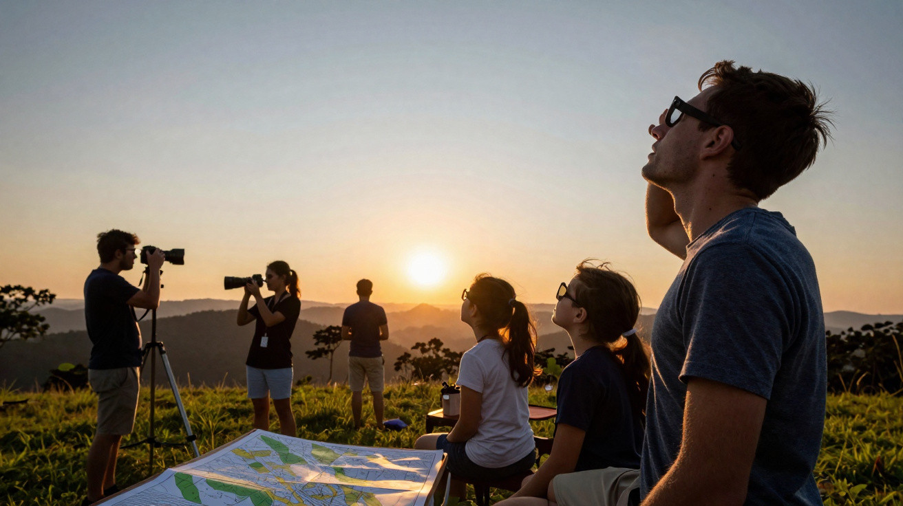 Grupo de pessoas observando o pôr do sol em um campo, com câmeras e mapa sobre a mesa.