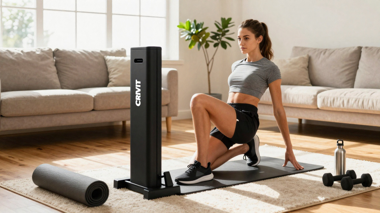Mulher fazendo exercício em tapete de yoga na sala com halteres, garrafa e aparelho de pilates preto.