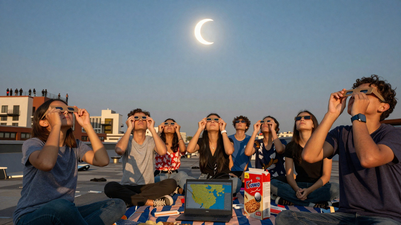 Grupo de jovens sentados no telhado observando eclipse solar com óculos especiais ao entardecer.