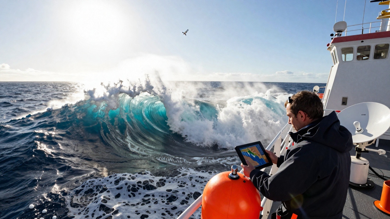 Homem em navio observa dados em tablet enquanto grandes ondas se formam no mar agitado.