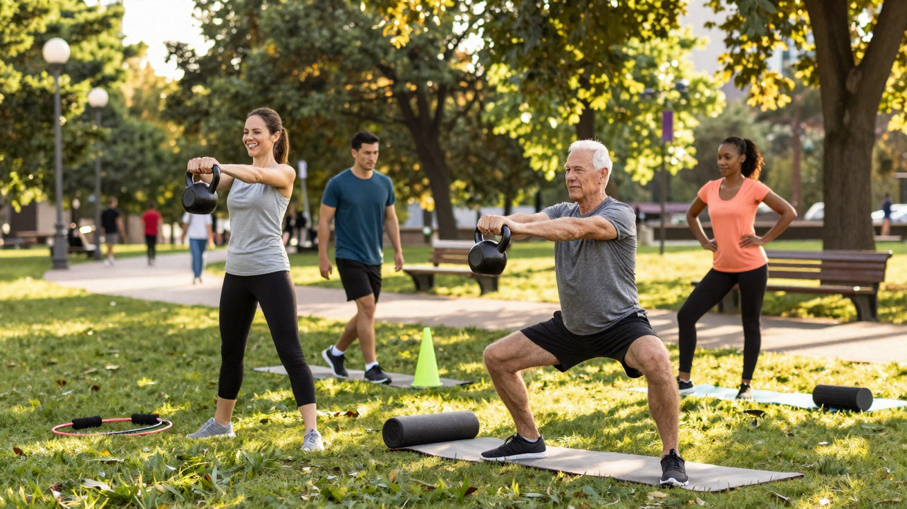 Grupo diversificado de pessoas fazendo exercícios com kettlebell em parque ensolarado.