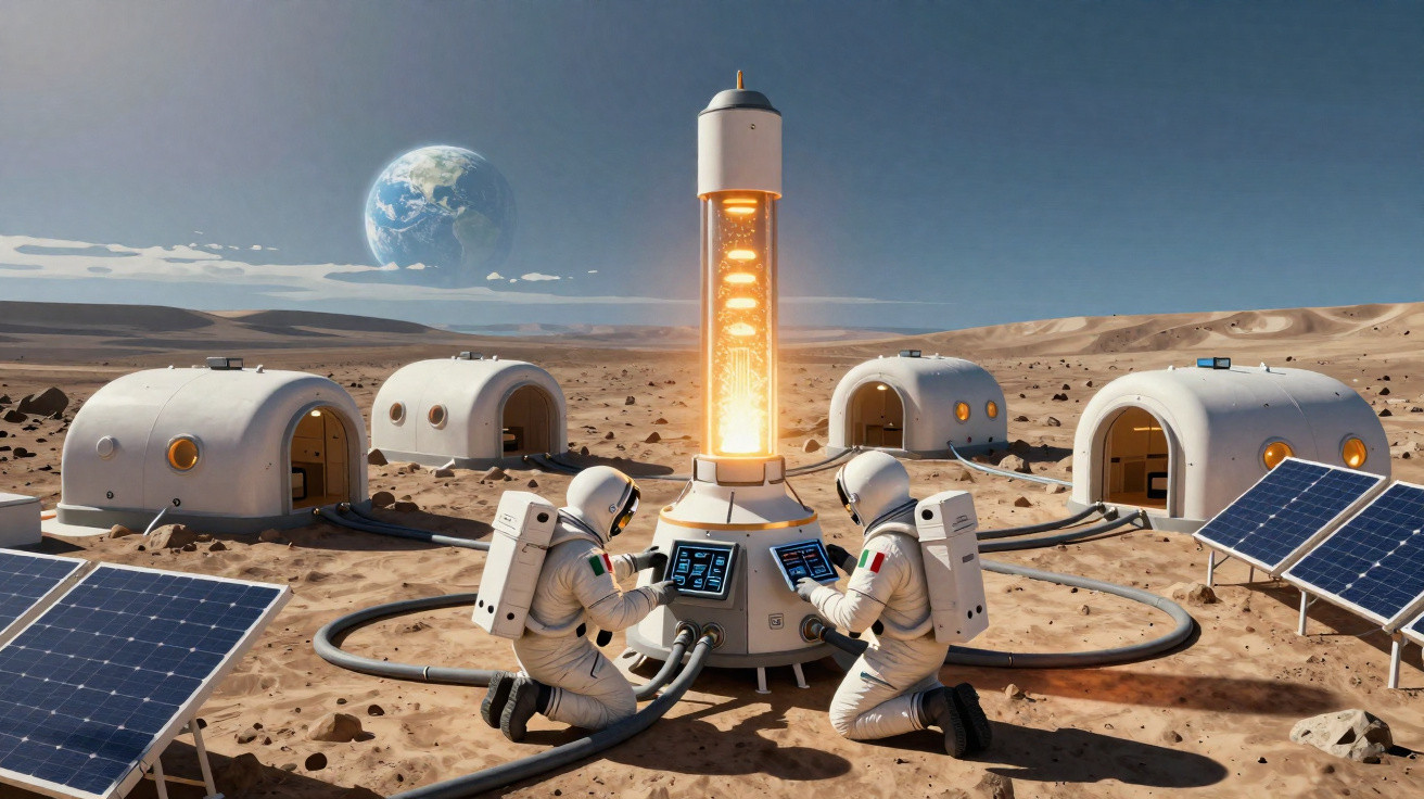 Astronautas em colônia espacial no deserto de Marte com painéis solares e Terra ao fundo.