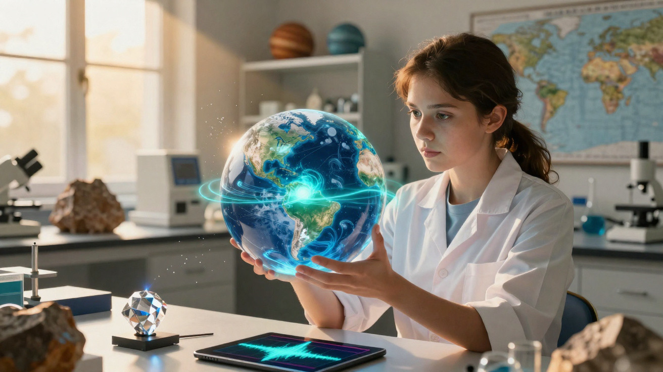 Mulher cientista em laboratório segurando globo terrestre holográfico com anéis luminosos ao redor.