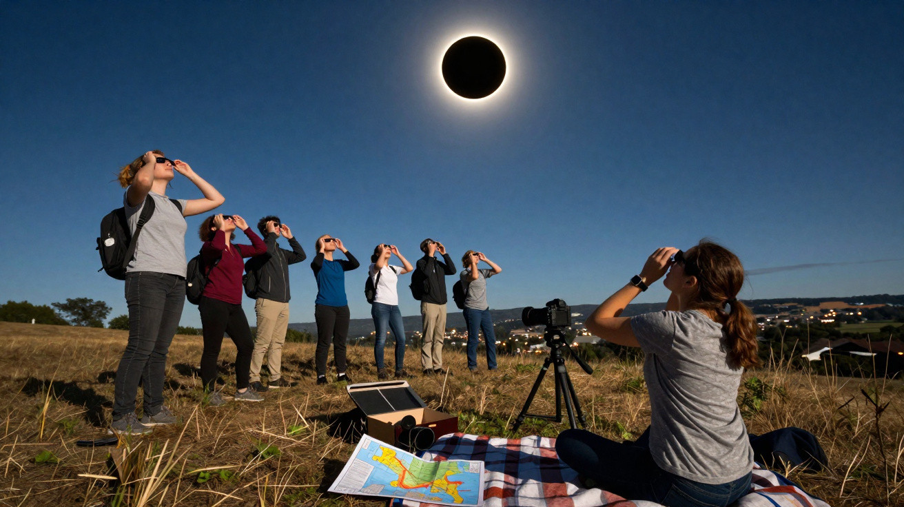 Grupo de pessoas observando eclipse solar usando óculos especiais em campo aberto durante o dia.