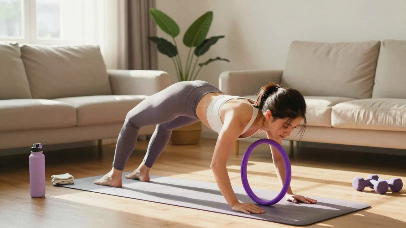 Mulher fazendo ponte de yoga com roda de exercício em tapete, em sala com sofá e plantas ao fundo.