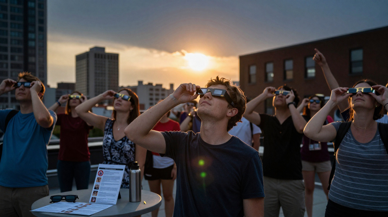 Grupo de pessoas em área urbana observando eclipse solar com óculos especiais ao pôr do sol.