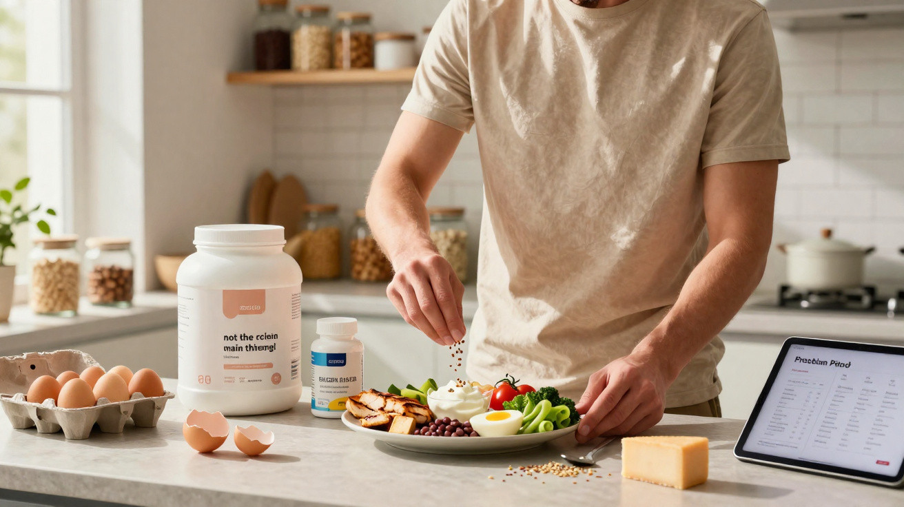 Pessoa temperando prato com alimentos saudáveis na cozinha, ao lado de suplementos e tablet com receita.