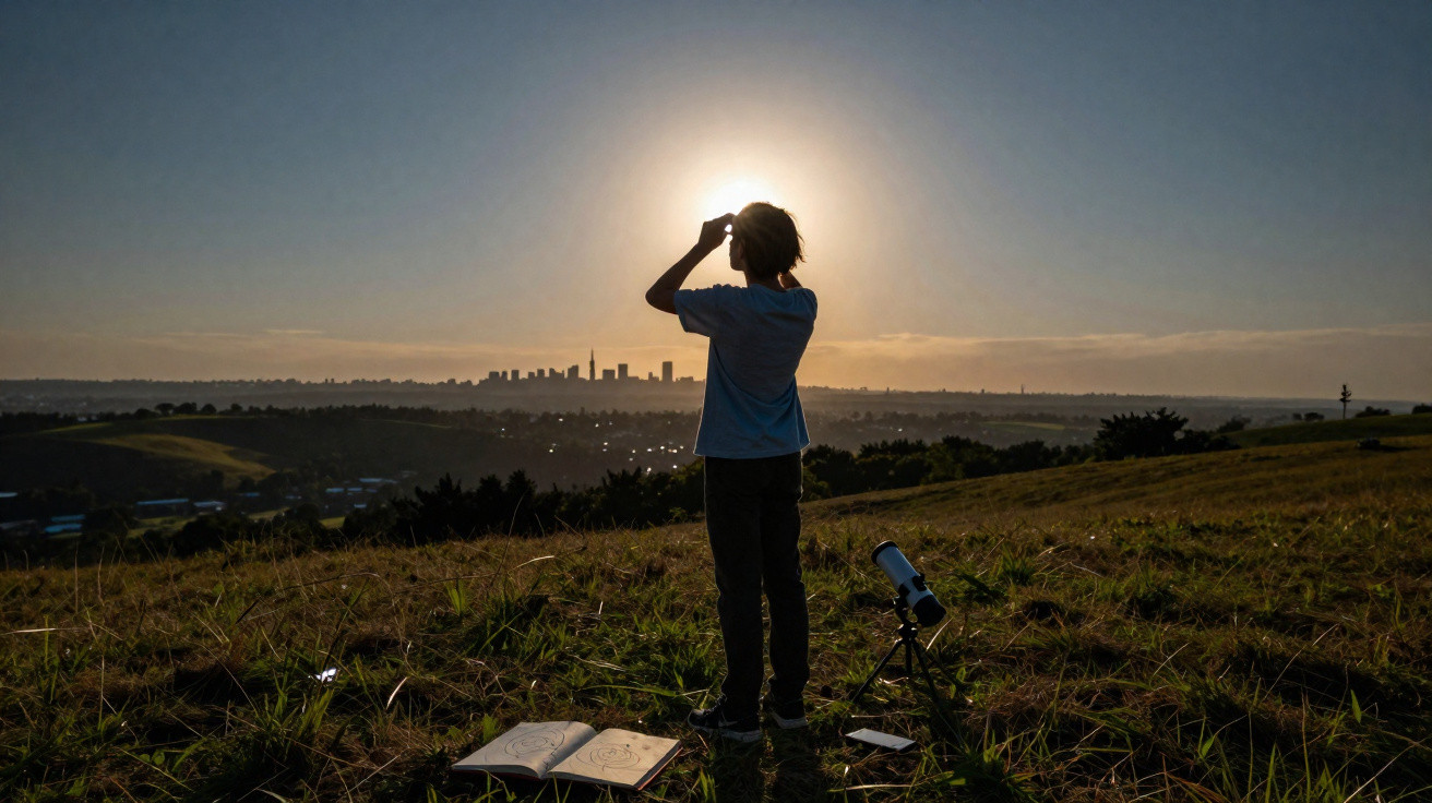 Pessoa com binóculos observando o nascer do sol em campo aberto, com skyline ao fundo e material de estudo no chão.