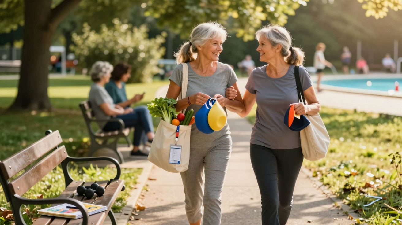 Duas mulheres idosas sorrindo e caminhando juntas em parque ensolarado com sacolas e frutas.