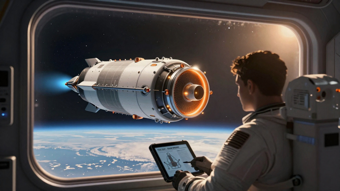 Astronauta observa nave espacial próxima à Terra pela janela da espaçonave, usando tablet digital.