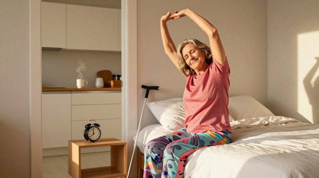 Mulher idosa acordando e se alongando sentada na cama em um quarto iluminado pelo sol.