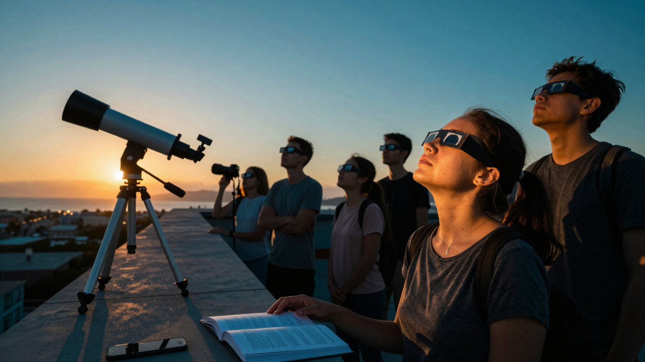 Grupo de pessoas usando óculos especiais observa o céu ao pôr do sol com telescópio na cobertura.