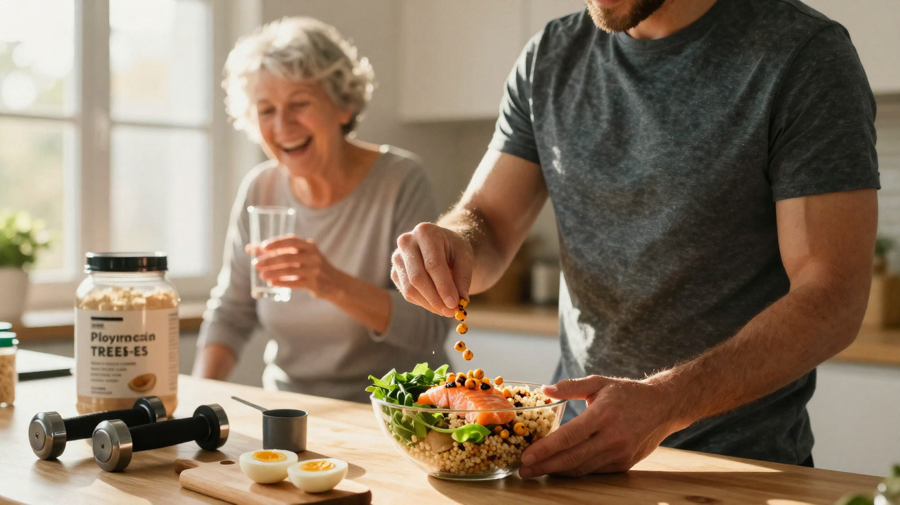 Homem preparando salada saudável na cozinha enquanto mulher idosa sorri ao fundo com copo na mão.