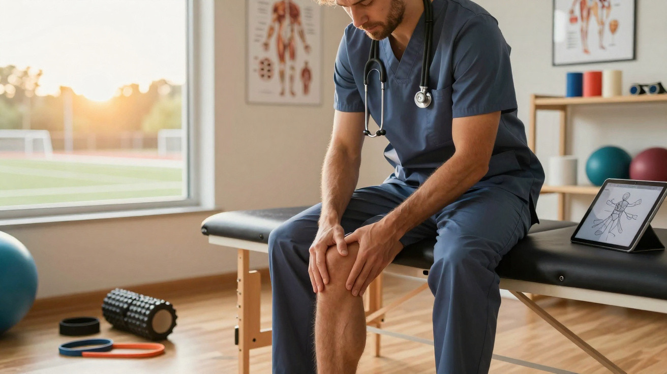 Homem com jaleco azul sentado em clínica com expressão de dor segurando o joelho direito.