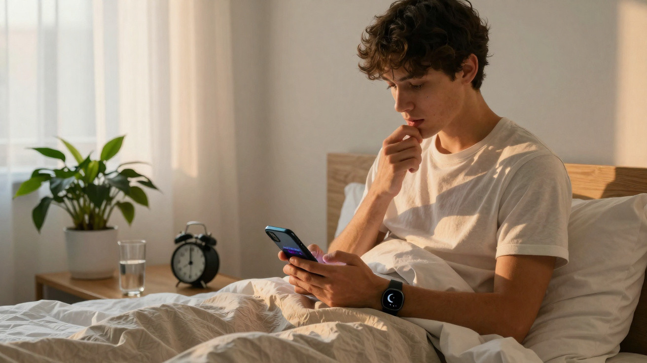 Jovem sentado na cama olhando com preocupação para o celular em quarto iluminado pela luz do dia.