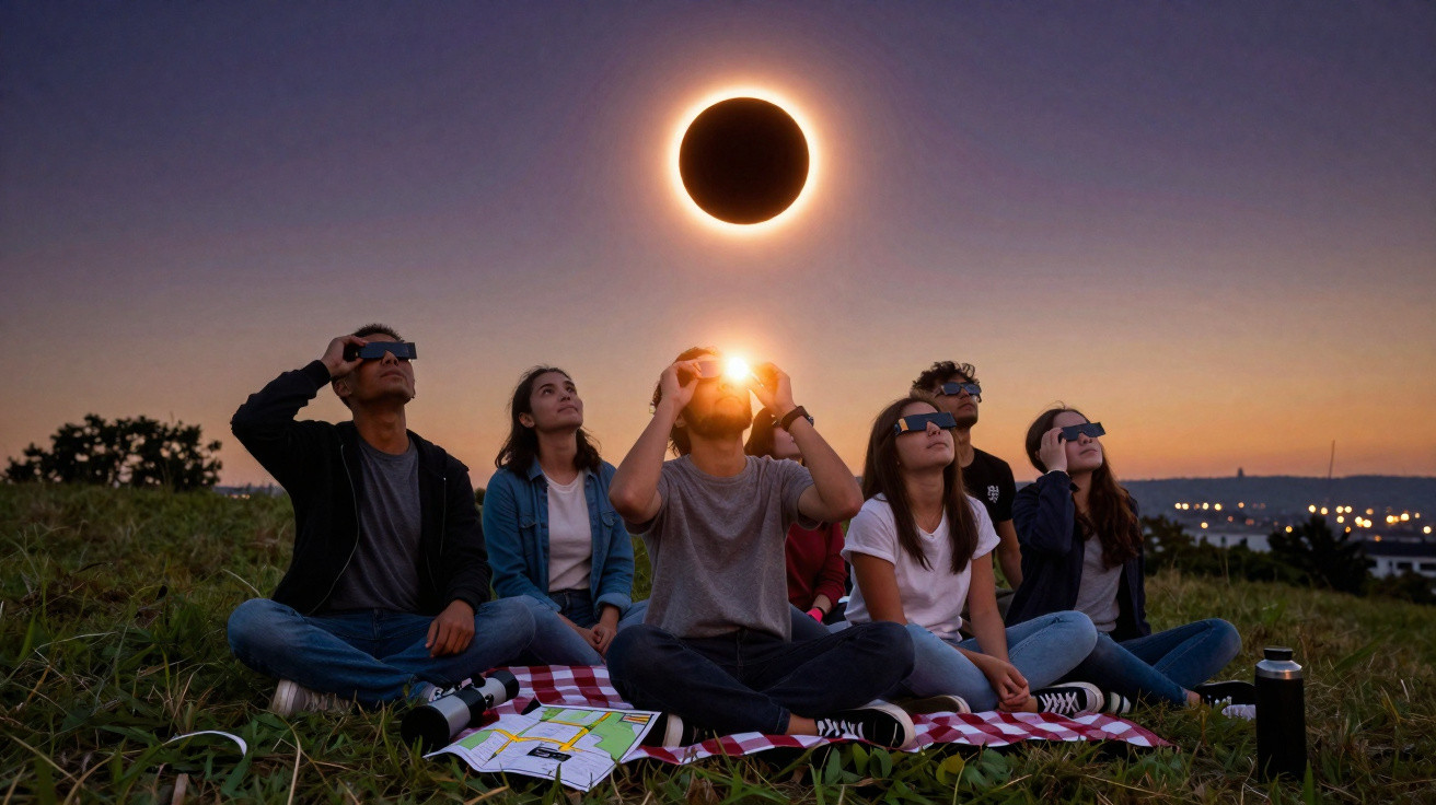 Pessoas sentadas na grama observando o eclipse solar com óculos especiais ao entardecer.