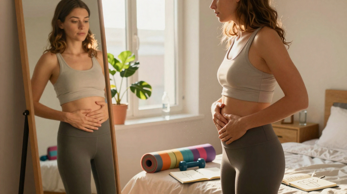 Mulher vestindo roupa de ginástica observa a barriga refletida no espelho em quarto iluminado.