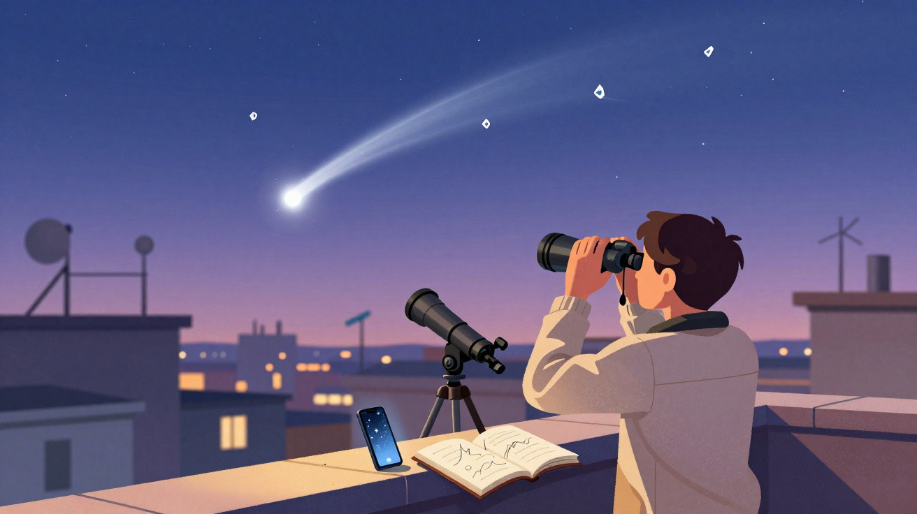 Pessoa observando com binóculos com telescópio, livro e celular na varanda ao anoitecer com cometa no céu.