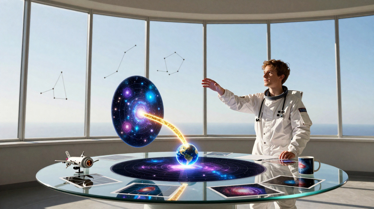 Jovem em traje espacial interage com mesa futurista que projeta Terra, universo e constelações.