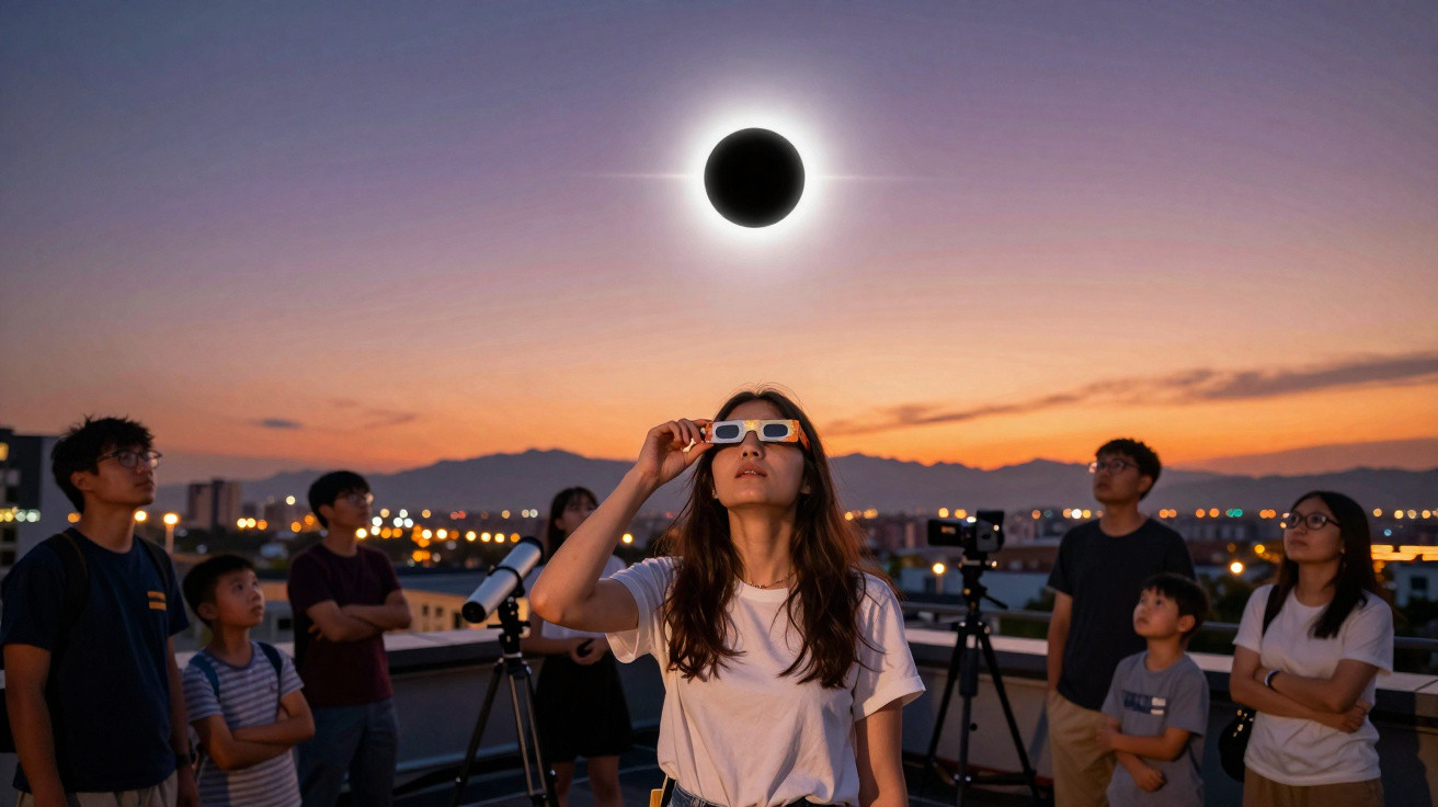 Grupo de pessoas observando eclipse solar com óculos especiais ao entardecer na cidade.