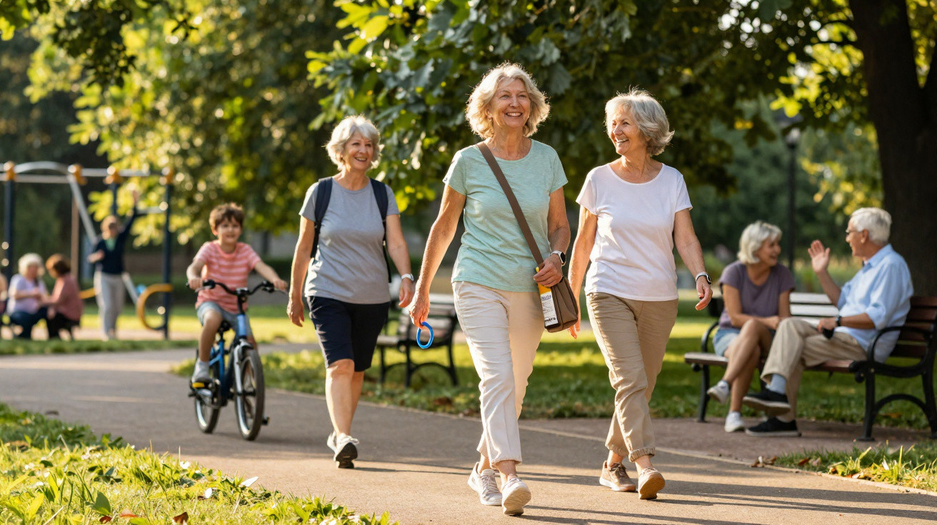 Três mulheres idosas felizes caminhando no parque, com crianças e idosos sentados ao fundo.