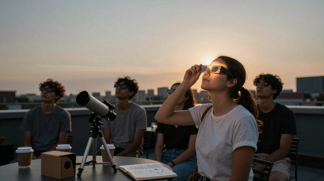 Grupo de jovens observando o eclipse solar com óculos especiais em um terraço ao entardecer.