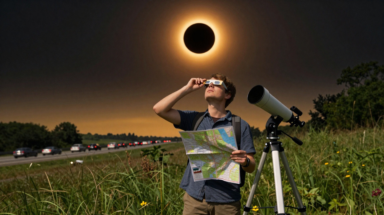 Homem observa eclipse solar com óculos especiais, segurando mapa e perto de telescópio em área verde.