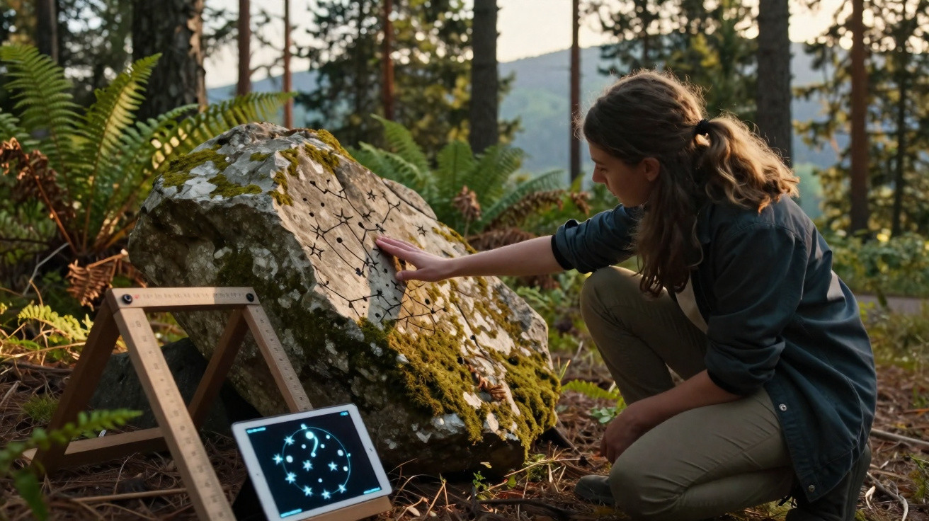 Mulher observa e toca pedra com estrelas gravadas, ao lado de tablet com constelação, em floresta ao entardecer.